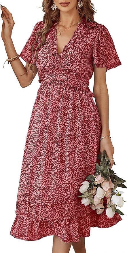 KIRUNDO Women's Summer Casual Ruffle Short Sleeve Deep V Neck Boho Floral Print Midi Dress Flowy ... | Amazon (US)