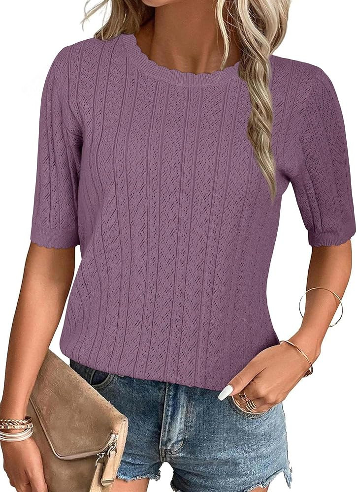 Arach&Cloz Women's Spring Summer Scalloped Short Sleeve Tops Textured Shirts | Amazon (US)