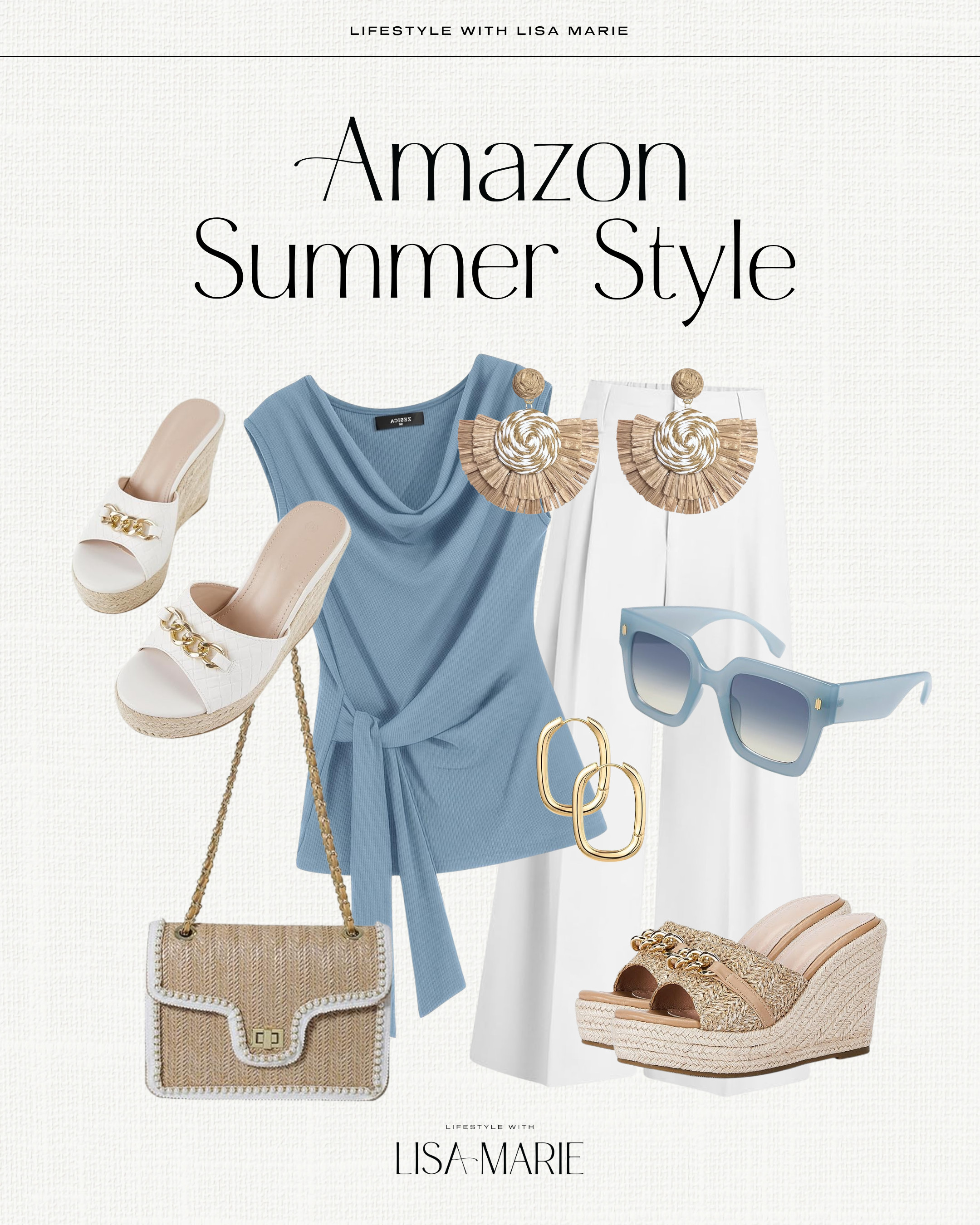 Elevated casual spring outfit from Amazon that could be worn to an event, brunch or shower or worn as professional casual for a business lunch or meeting! High-waisted pants and trousers. Tie tops for workwear. Straw wedges, purses and earrings. Blue and white outfits. Dressy work outfits.

#LTKSeasonal #LTKPetite #LTKWorkwear
