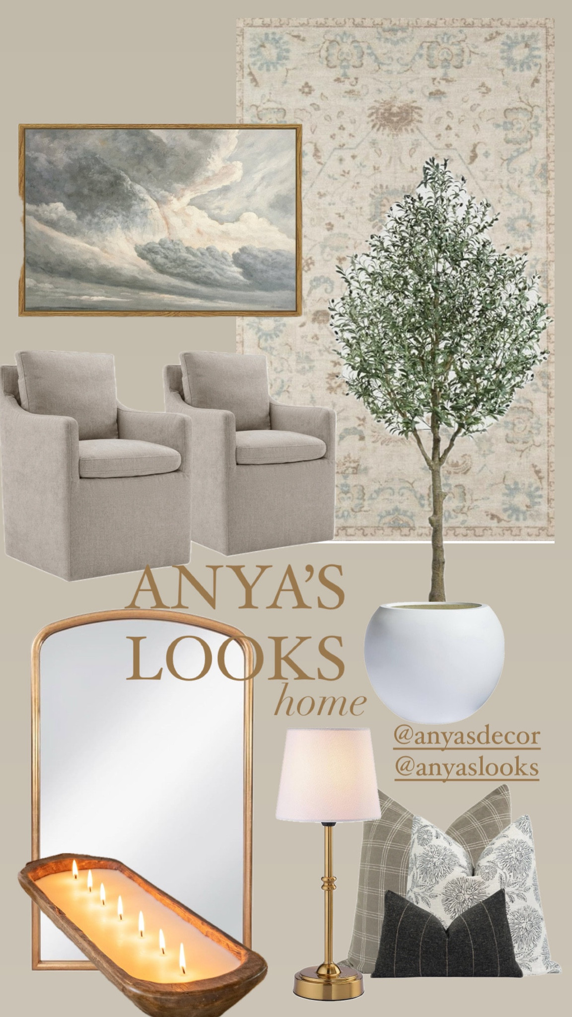 
✨ Cozy, Elegant, and Inviting ✨
Transform your space into a calming sanctuary with timeless decor pieces that bring warmth and charm. From plush swivel chairs perfect for lounging to earthy tones and soft textures, this look is all about comfort and style. Add a touch of elegance with brass accents, a soothing landscape artwork, and an oversized olive tree for that refreshing green touch indoors.
🌿 Key Elements:
	1.	Cozy neutral chairs
	2.	Earthy-toned area rug
	3.	Statement wall art
	4.	Elegant brass table lamp
	5.	Layered pillows in soft patterns
	6.Ambient wooden candle tray
	7.Lush faux olive tree for a natural vibe
Whether you’re updating your living room or creating a cozy corner, these elements can elevate any space. Follow @anyasdecor & @anyaslooks for more inspiration and ideas to make your home uniquely yours! 🏡💫
#HomeDecor #InteriorDesign #CozyHome #ElegantSpaces #NeutralDecor #HomeInspo #AnyasLooks #salealert

#LTKHome #LTKStyleTip #LTKFamily