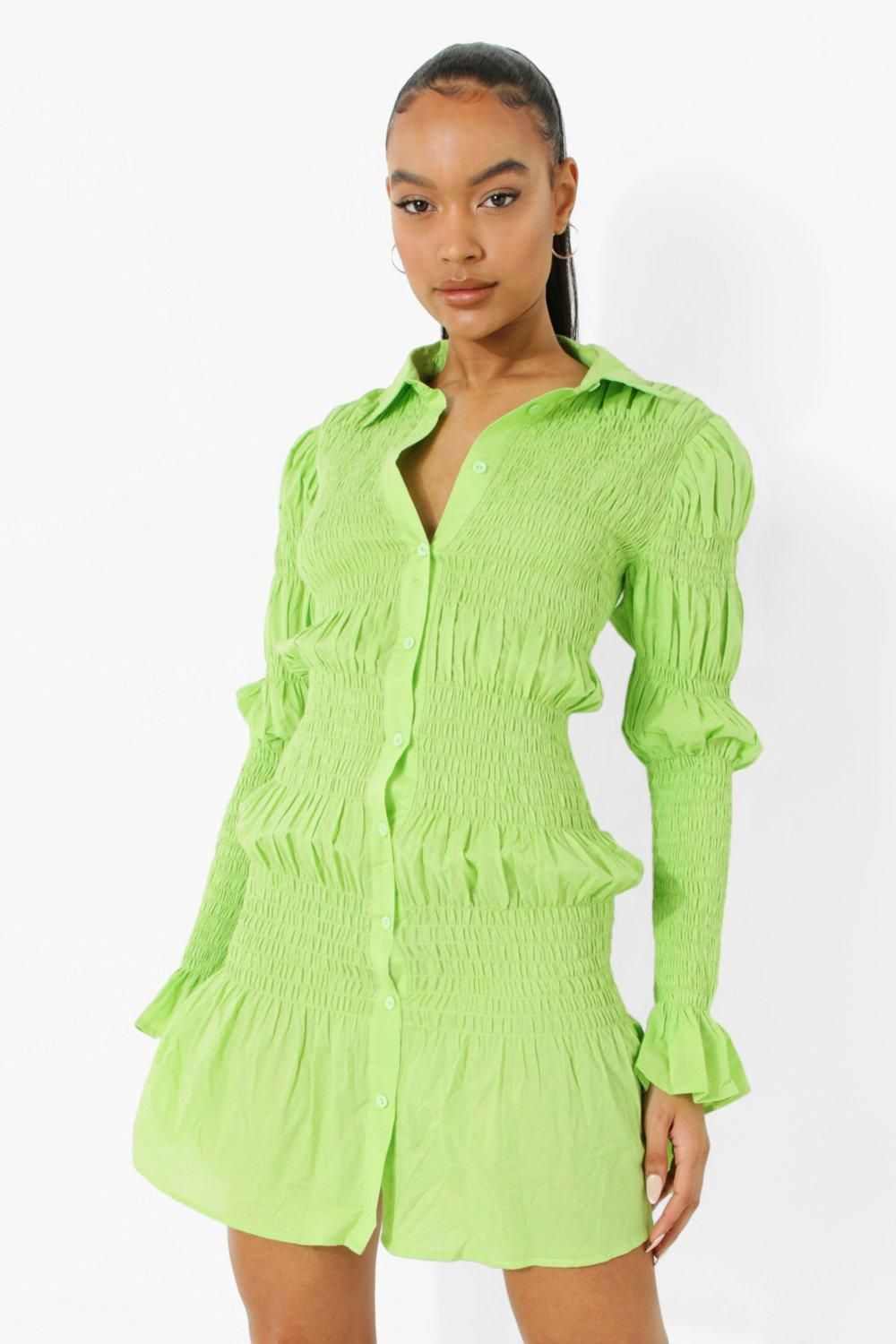 Shirred Long Sleeve Shirt Dress | Boohoo.com (UK & IE)