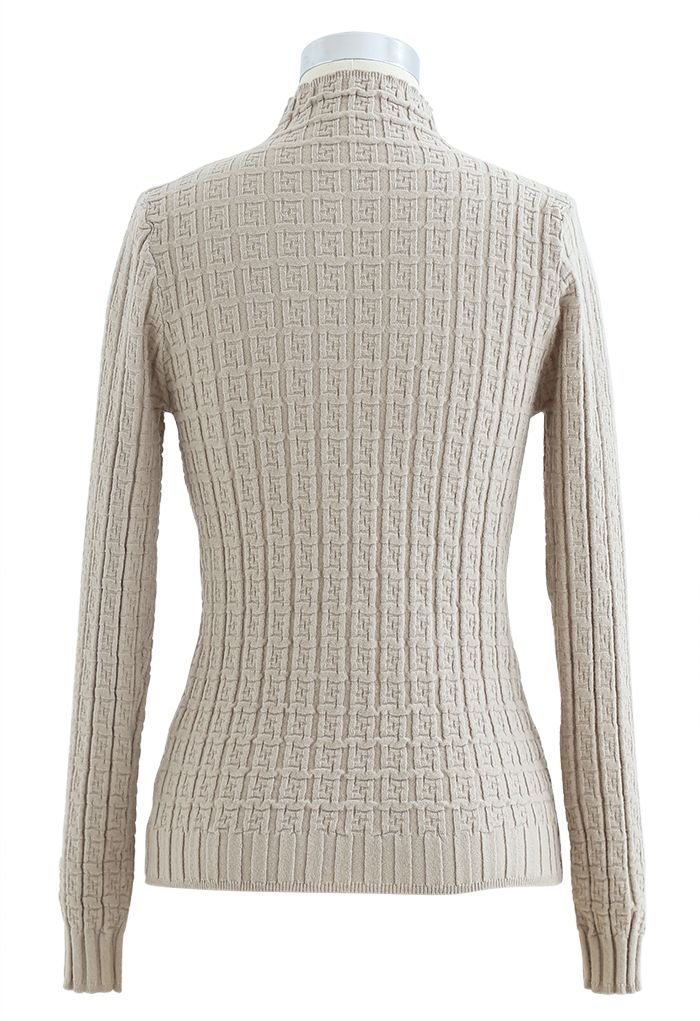 Maze Embossed High Neck Fitted Knit Top in Sand | Chicwish