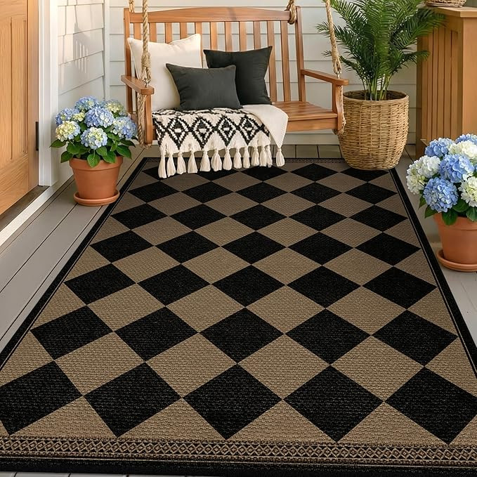 Black & Brown Checkered Easy Jute Outdoor Rug 4x6 for Porch Patio, Washable Non-Slip Diamond Chec... | Amazon (US)