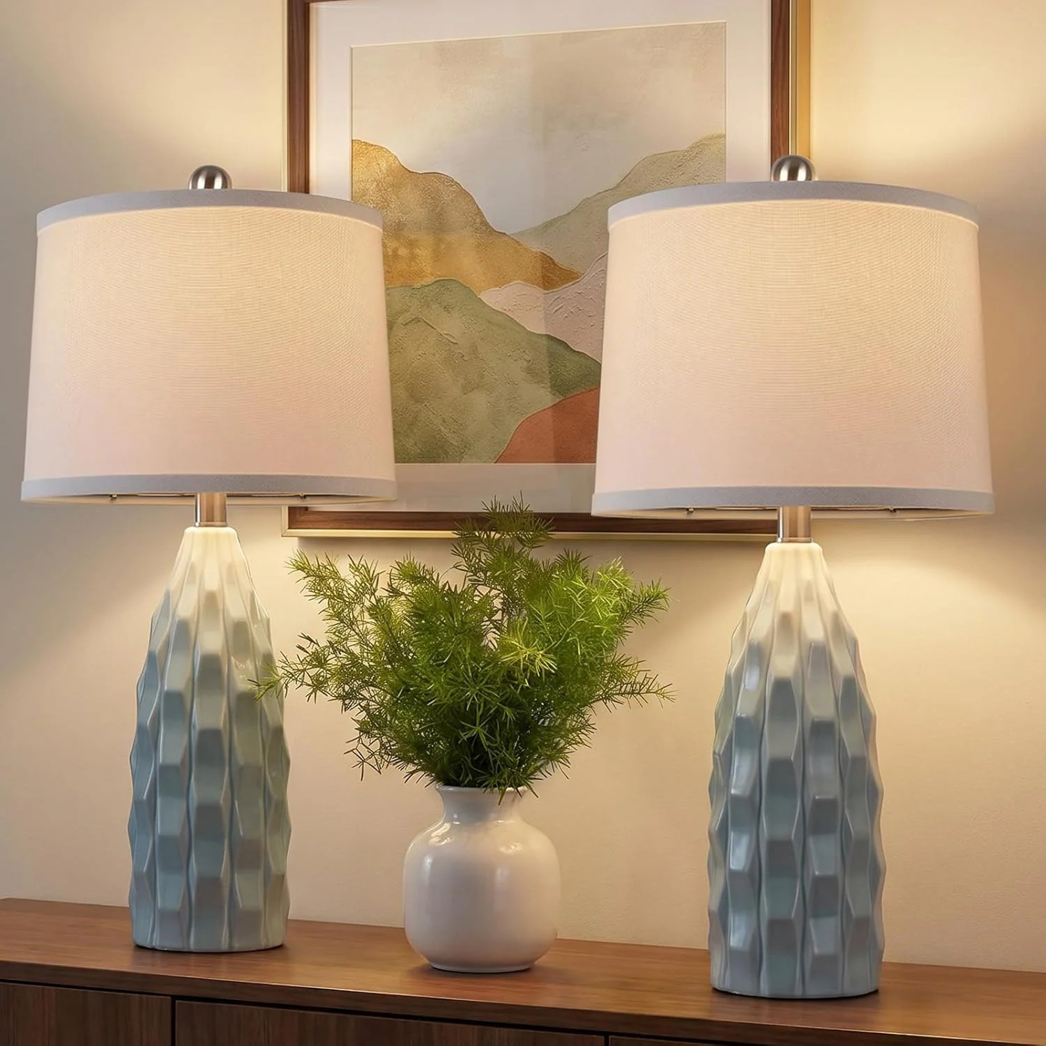 Cinoton Creamic Table lamp Set of 2 Modern 3 Color Temperature Beside Lamp for Living Room Farmhouse Nightstand Lamps with Linen Shade Blue Table | Lowe's