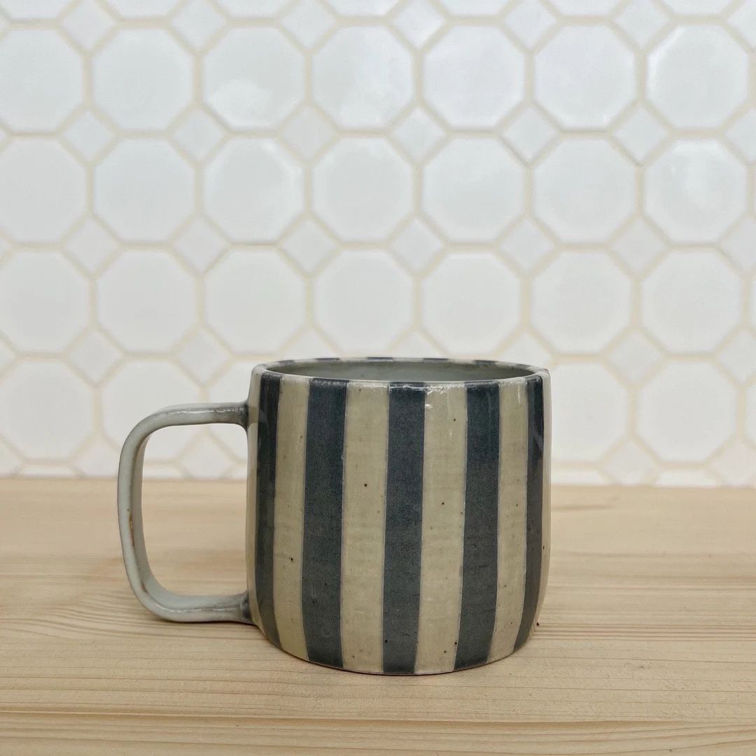 12 Oz Striped Ceramic Mug, Blue, Handmade - Etsy | Etsy (US)