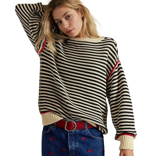 Hixiaohe Oversized Sweaters for Women Striped Cute Knit Sweater Long Sleeve Crew Neck Pullover Tops Trendy Loose Fit Clothes(Beige-Black,S) | Amazon (US)
