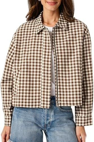 Women's Cropped Gingham Trench Coat Jacket Zip Up Long Sleeve Plaid Oversized Shacket Outerwear w... | Amazon (US)