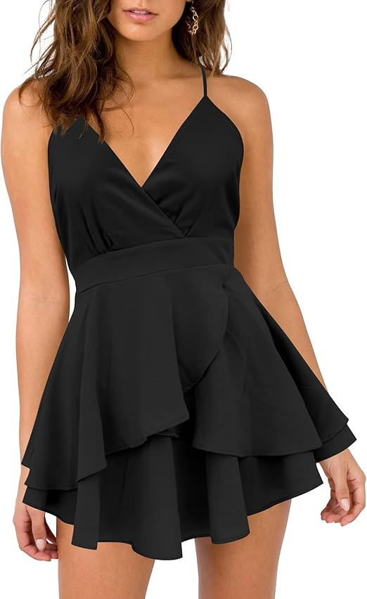 firfig Women’s Deep V-Neck Cami Dress Crisscross Open Back Tie Waist Mini Dresses | Amazon (US)