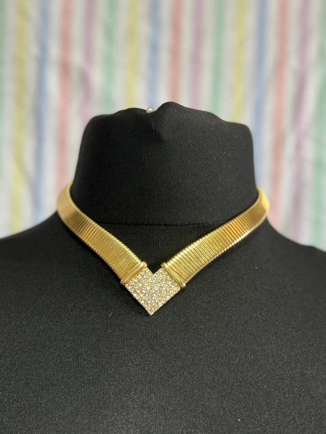 Rare Signed TAT Vintage 1980s USA Gold Tone Omega V Clear Rhinestone Diamanté Choker Necklace - ... | Etsy (UK)