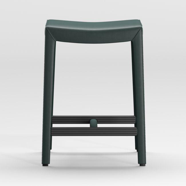 Folio Dark Green Top-Grain Leather Backless Counter Stool | Crate & Barrel