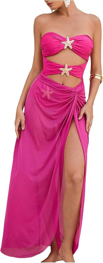 Milumia Women's 2 Piece Swimwear Cut Out Strapless Swimsuit with Cover Up Skirt | Amazon (US)