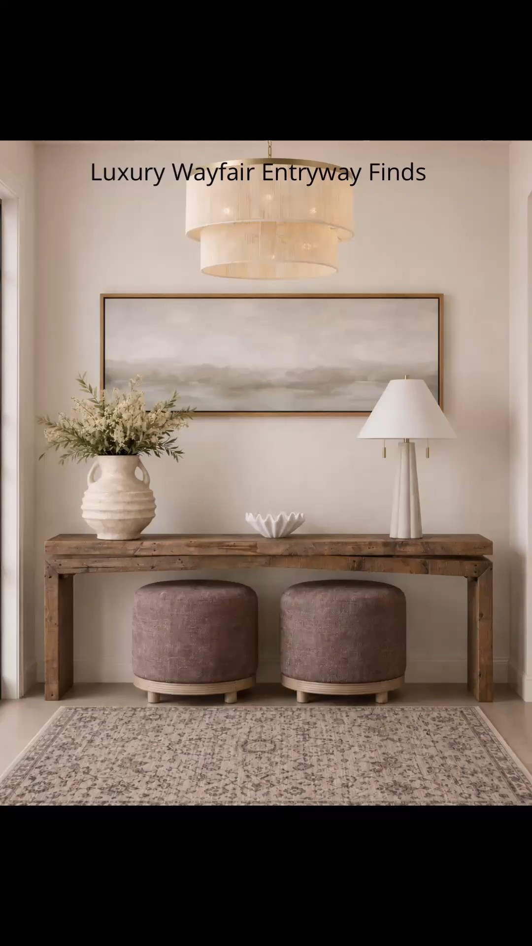 Luxury entryway inspiration with timeless Wayfair finds. If you’re looking to create a warm, welcoming first impression, these designer-inspired pieces are some of my favorite neutral home decor finds. From the rustic wood console table and oversized landscape artwork to the statement chandelier, upholstered swivel ottomans, textured vase, modern table lamp, decorative bowl, and vintage-inspired rug, every piece brings an elevated custom-home feel without the luxury price tag. Perfect for modern, transitional, organic modern, and neutral homes, these Wayfair finds make it easy to style an entryway that feels both elegant and functional. Pottery Barn dupe. Designer look for less.

#LTKHome #LTKSeasonal #LTKSaleAlert