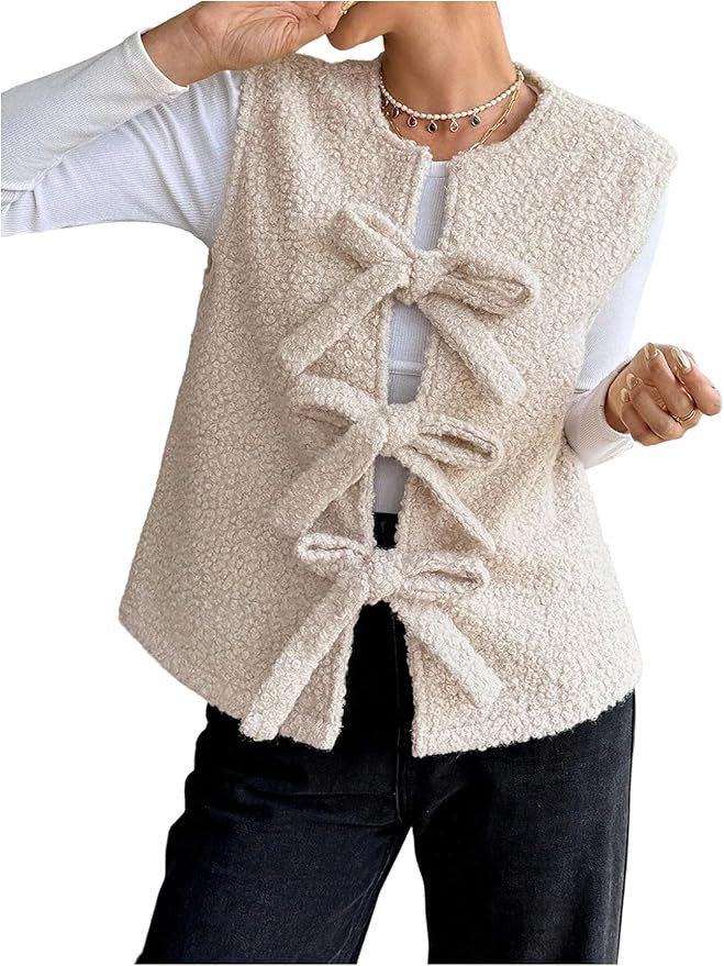 MakeMeChic Women's Fleece Sweater Vest Fuzzy Tie Front Sleeveless Teddy Sherpa Cardigan | Amazon (US)