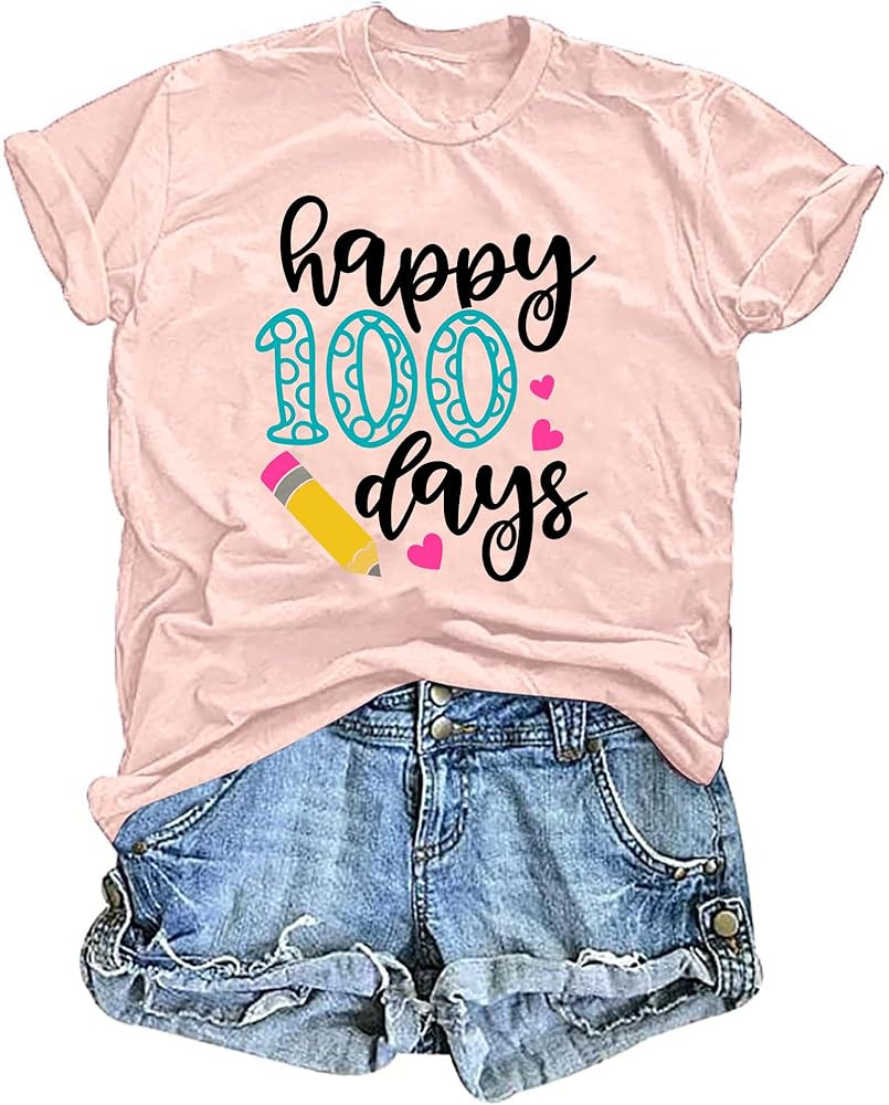 LHBNK Teacher Shirts Women Happy 100 Days of School T-Shirt Teach Print Graphic Tshirt Teacher Gi... | Amazon (US)