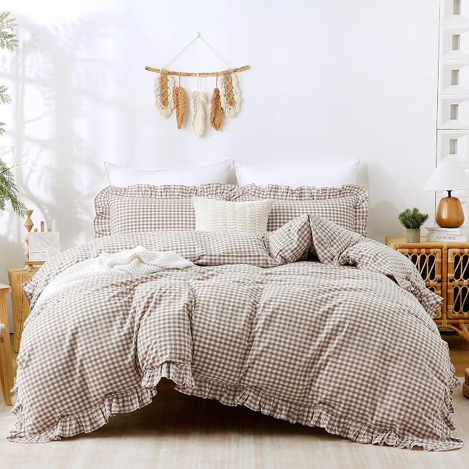 ATsense Tan Gingham Duvet Cover Bedding Set 100% Washed Cotton Like Linen Feel Soft Breathable 3 ... | Amazon (US)