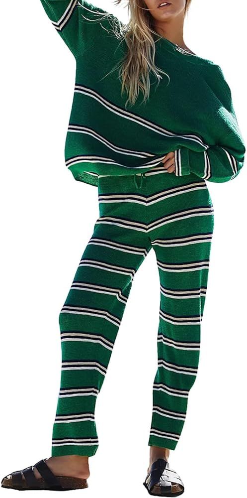 MYBFYABO 2 Piece Knit Sets for Women, Y2k Stripe Print Loose Pullover Sweater +Elastic Pants Set ... | Amazon (US)