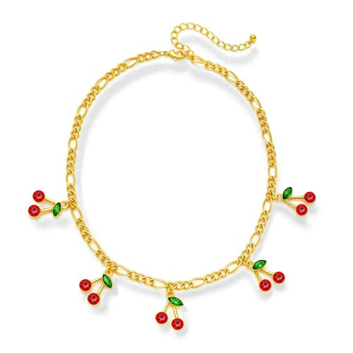 FAUTHENTICUTE Cute Cherry Choker Necklace For Women Gold Plated Chain With 5pcs Red Cherry Charms Summer Fruit Jewelry | Amazon (US)