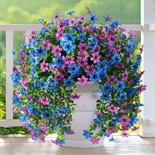 Artificial Fake Hanging Flowers Plants for Outdoor Spring Decoration, 2 PCS Faux Silk Daisy Flower UV Resistant Look Real for Outside Patio Porch Garden Balcony Yard Home Summer Decor(Perple Blue) | Amazon (US)