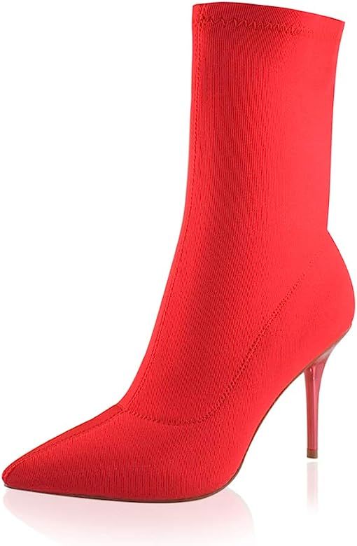 Stretch Pointed Toe Sock Booties Mid-Calf Ankle Boot Stiletto Heel Boots for Women | Amazon (US)