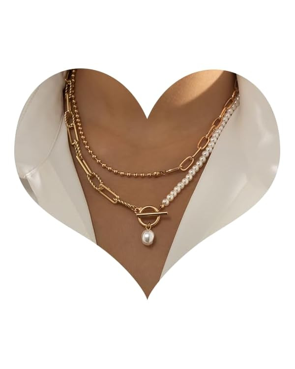 Dainty Layered Baroque Pearl OT Clasp Necklace for Women,Vintage Paperclip Pearl Chain Choker Nec... | Amazon (US)