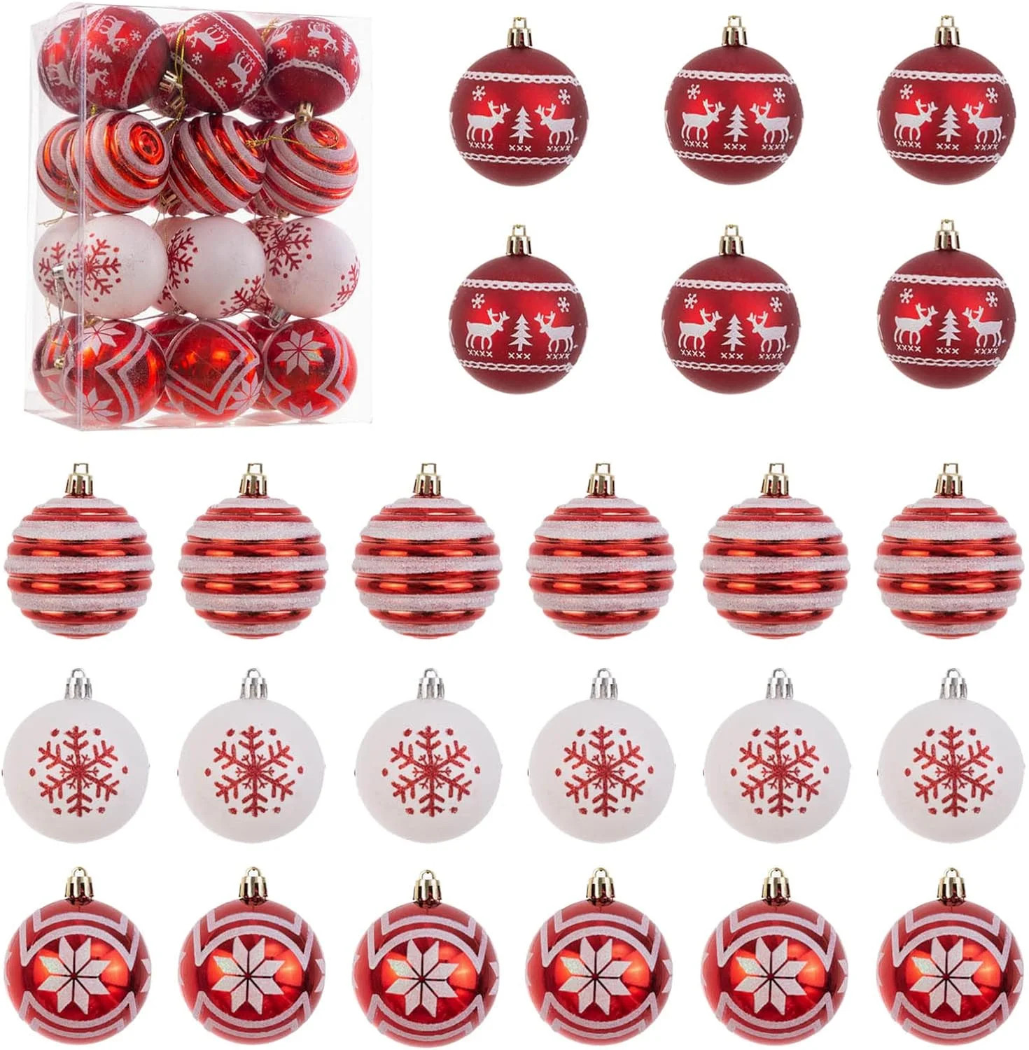 24 60mm Traditional Red and White Christmas Ornaments, Shatterproof Xmas for Christmas Tree Decor... | Walmart (US)