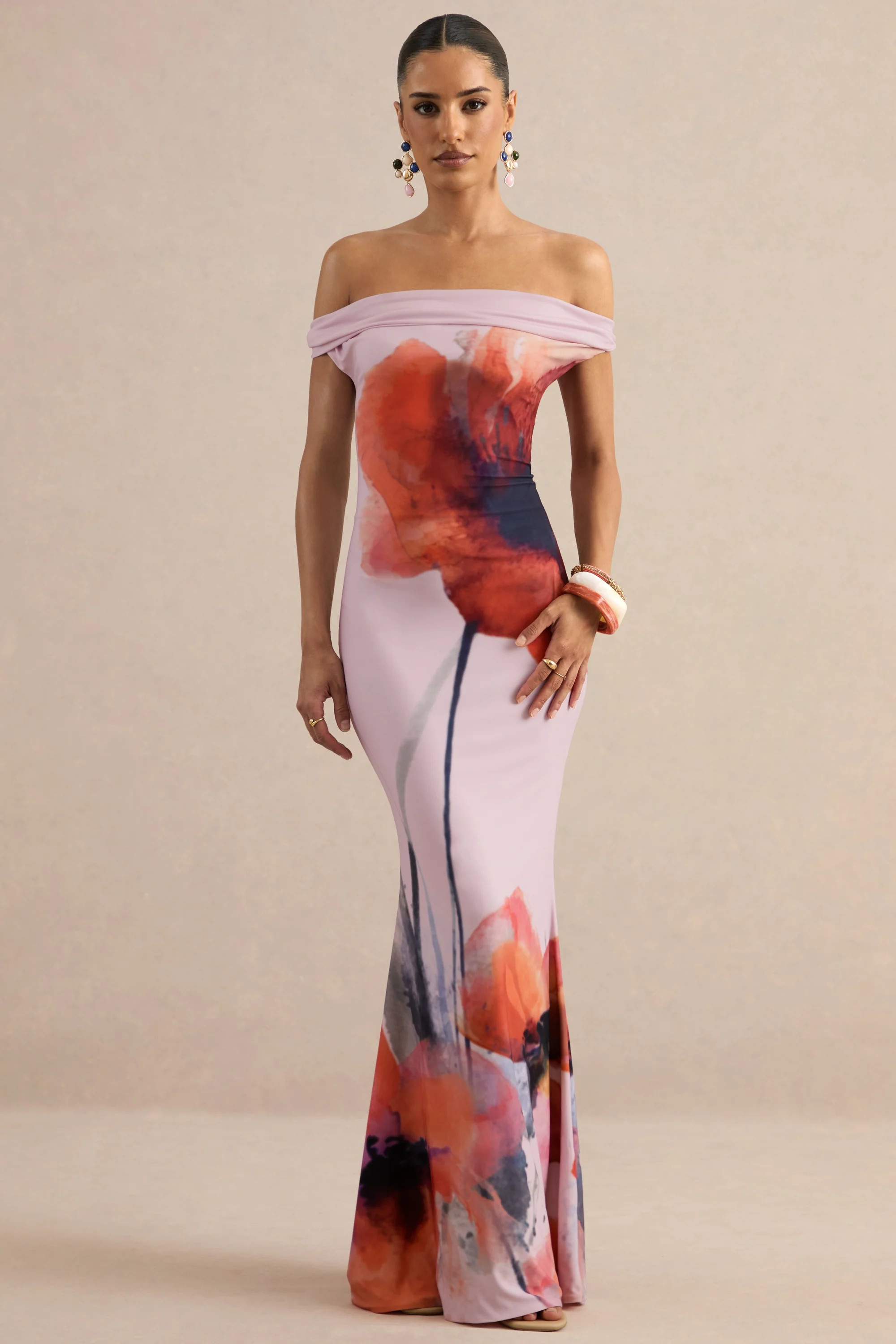 Katia | Pink Poppy Print Bardot-Neck Maxi Dress | Club L London