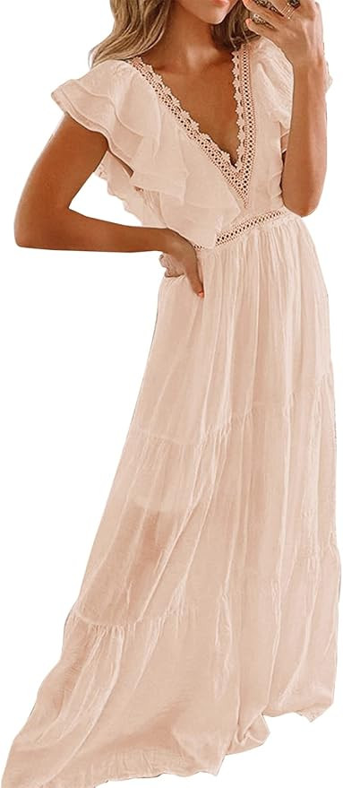 Bdcoco Women's V Neck Floral Lace Wedding Dress Short Sleeve Bridesmaid Evening Party Maxi Dress | Amazon (US)