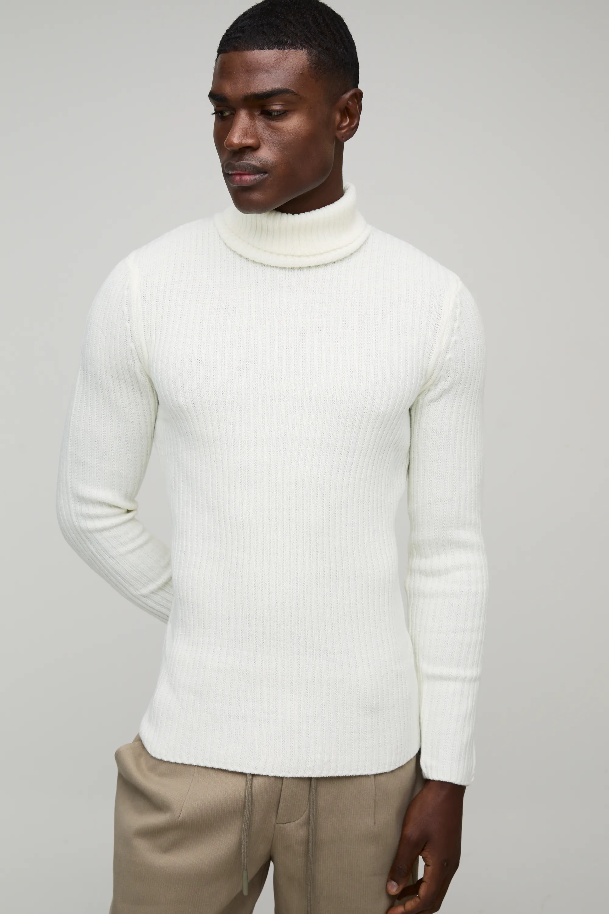 Muscle Fit Ribbed Roll Neck Knitted Jumper | boohooMAN (US & Canada)