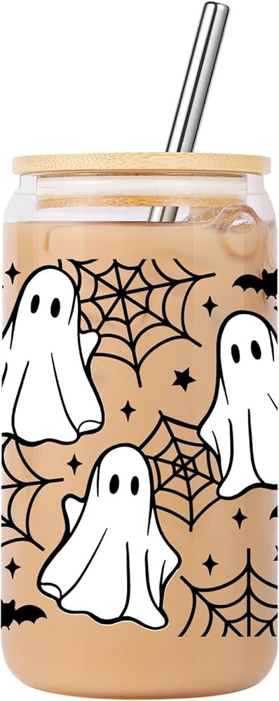 16oz Ghost Glass Tumbler, Spider Web & Bats Halloween Cup with Lid & Straw, Spooky Gifts for Hall... | Amazon (US)