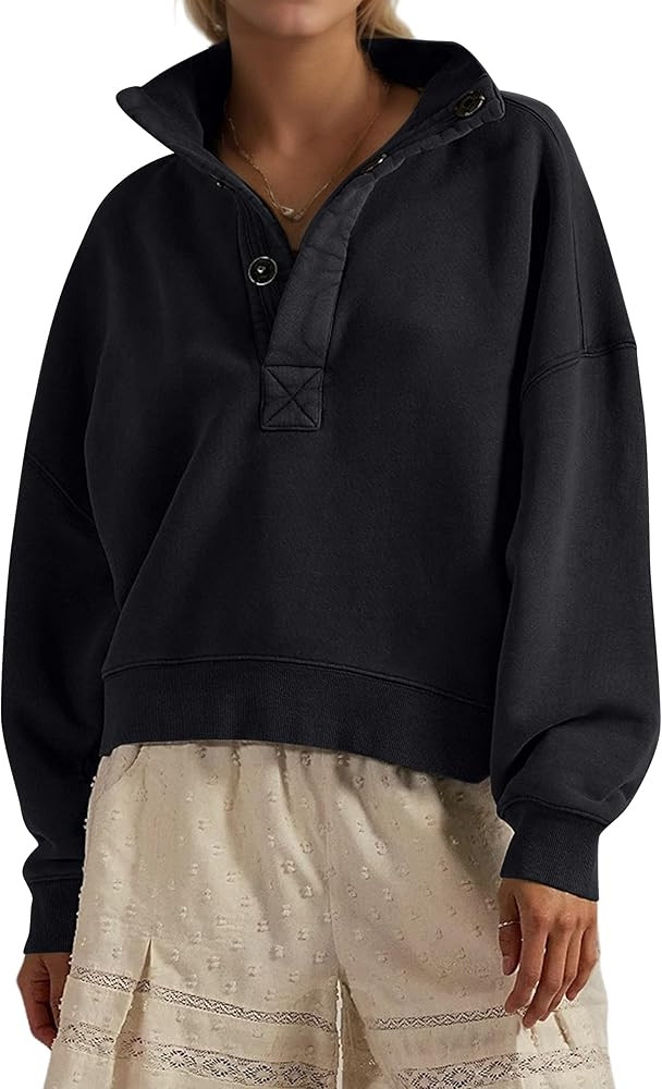 Mock Neck Sweatshirts for Women Oversized Button Fleece Henley Pullover Tops 2025 Casual Long Sle... | Amazon (US)