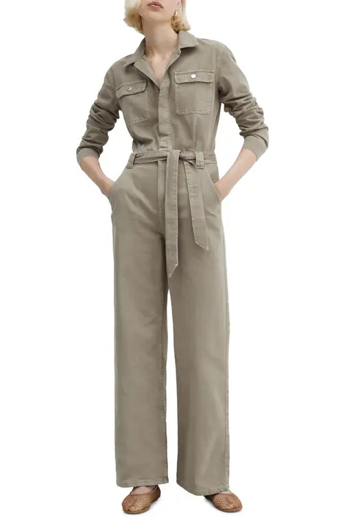 MANGO Belted Long Sleeve Denim Jumpsuit in Khaki Green at Nordstrom, Size Medium | Nordstrom