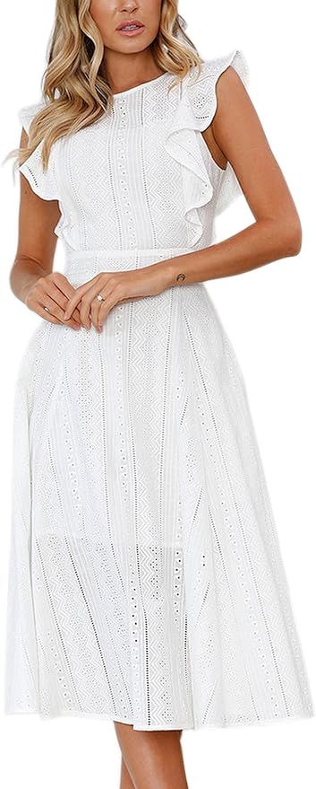 ECOWISH Womens Dresses Elegant Wedding Cocktail Ruffle Cap Sleeves Summer A-Line Midi Dress | Amazon (US)