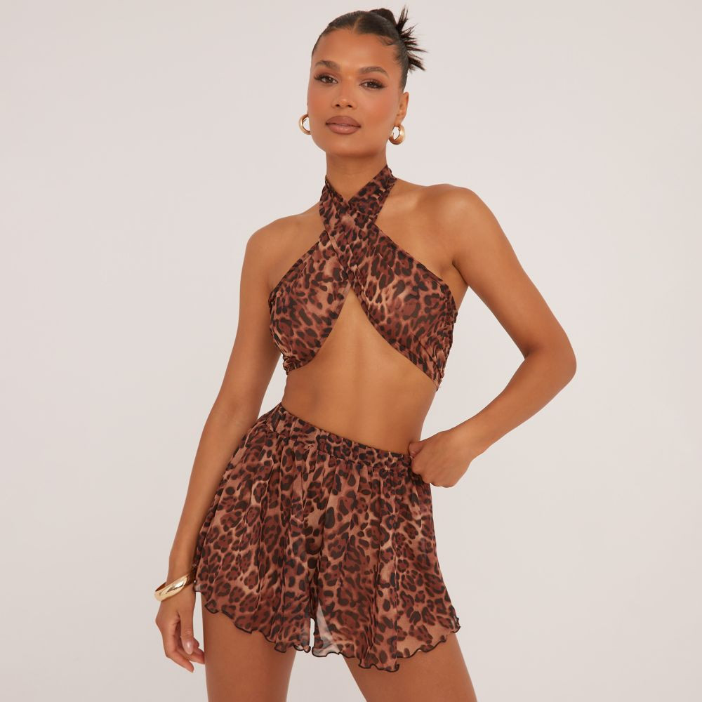 Halterneck Crop Top And High Waist Flippy Hem Mini Skirt Co-Ord Set In Brown Leopard Print | EGO (UK)