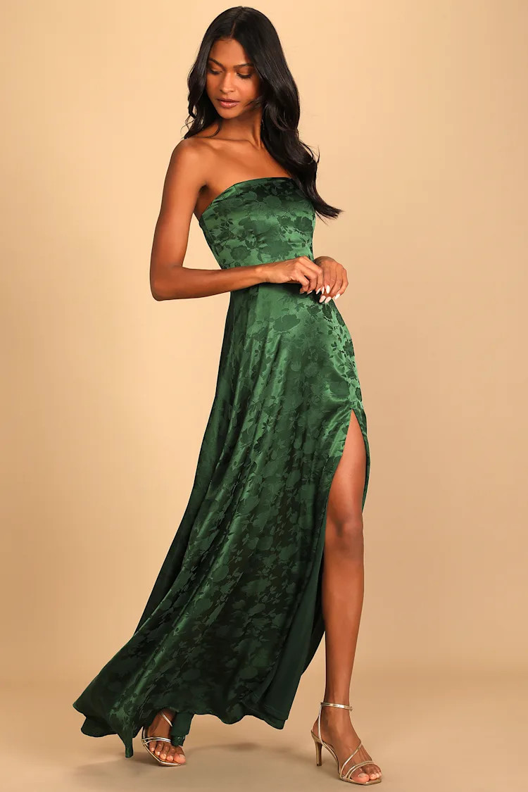 Made to Marvel Emerald Green Satin Jacquard Strapless Maxi Dress | Lulus (US)