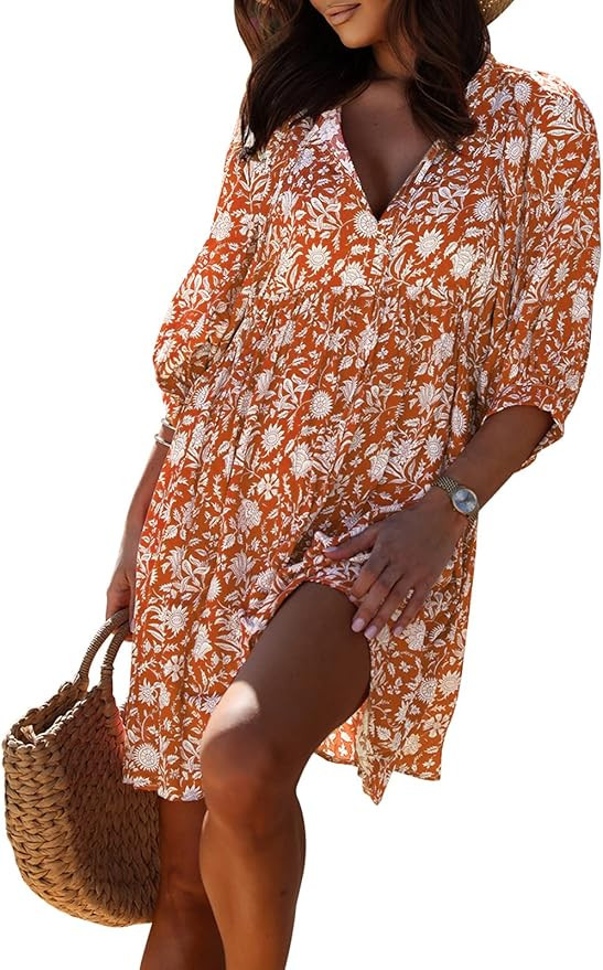 miduo Womens Casual V Neck Summer Half Sleeve Bohemian Floral Mini Tunic Short Dresses | Amazon (US)