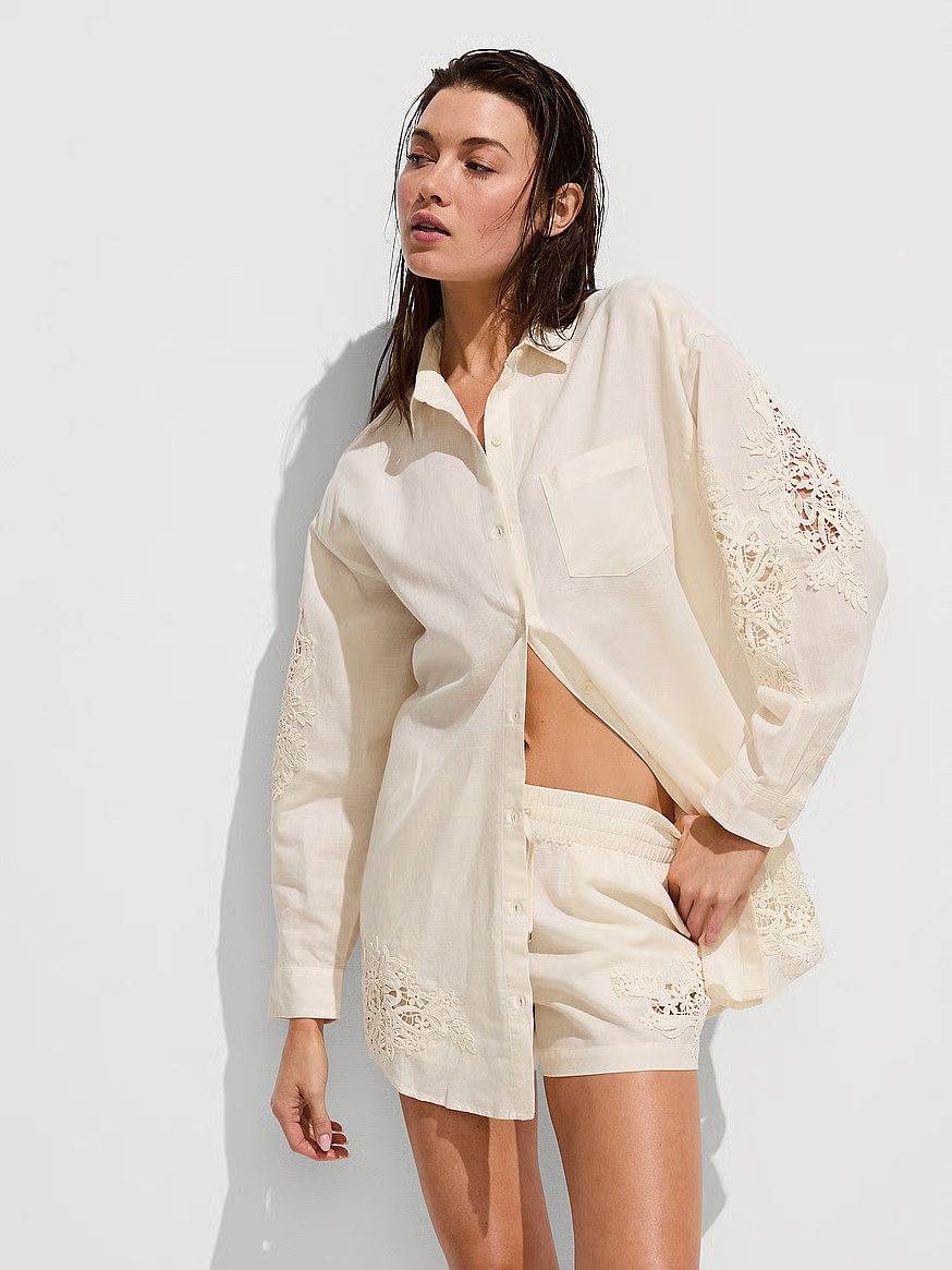 Buy Beachwear Linen Lace-Trim Shirt, Candlelight - Order Tops online - Victoria's Secret US | Victoria's Secret (US / CA )