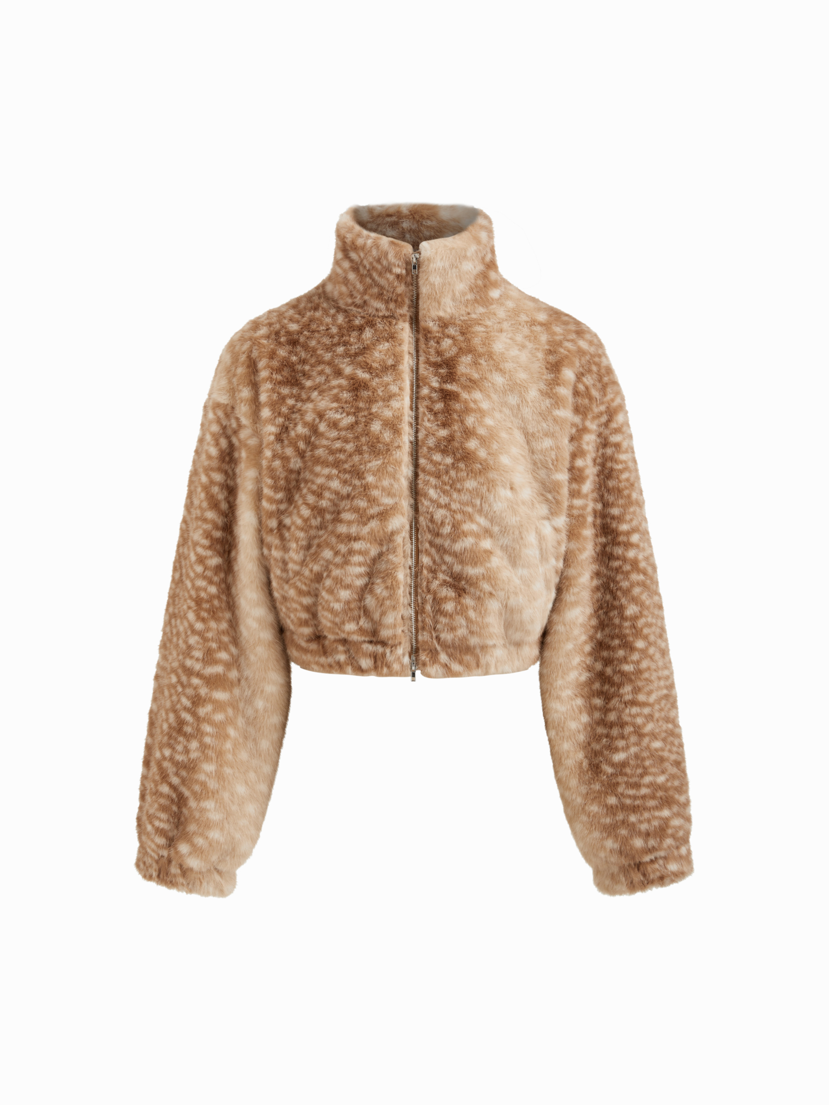 Faux Fur Faux Fur Deer Print High Neck Zip Through Jacket For Daily Casual | Cider