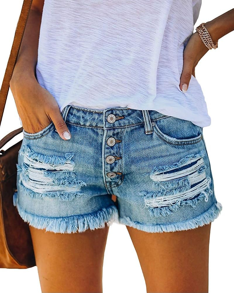 Women's Mid Rise Ripped Stretchy Jeans Shorts Frayed Raw Hem Casual Denim Shorts | Amazon (US)