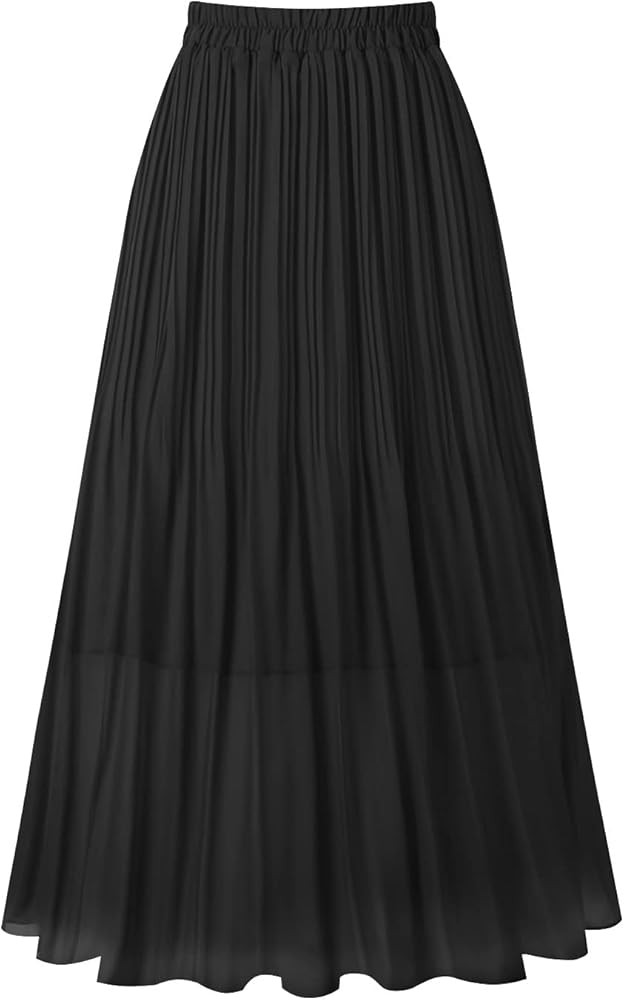 Kingfancy Women's Pleated Skirt Chiffon Elastic Waist A-Line Midi Length Skirt | Amazon (US)