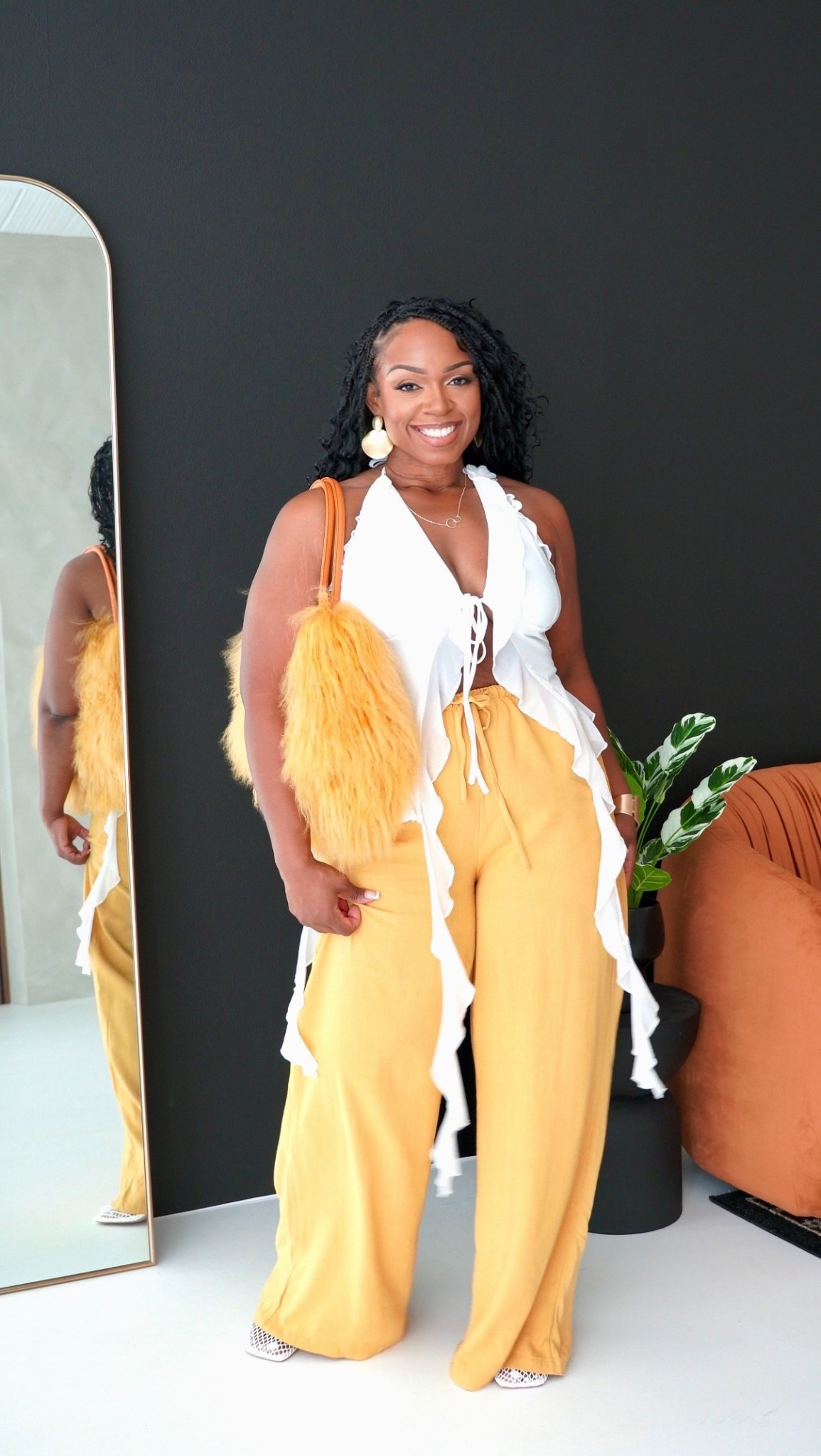 Summer outfit inspo, boho chic, yellow pants, linen pants, wide leg pants, halter top, white halter, date night, vacation 

#LTKMidsize #LTKSummerEdit #LTKSeasonal