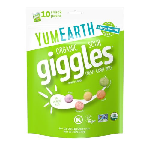 YumEarth Organic Sour Giggles Chewy Candy - Allergy Friendly (Top 9 Free), No Artificial Dyes, Non GMO, Gluten Free, Vegan - Individually Wrapped Sour Snack Packs - 0.5 Ounce (Pack of 10) | Amazon (US)