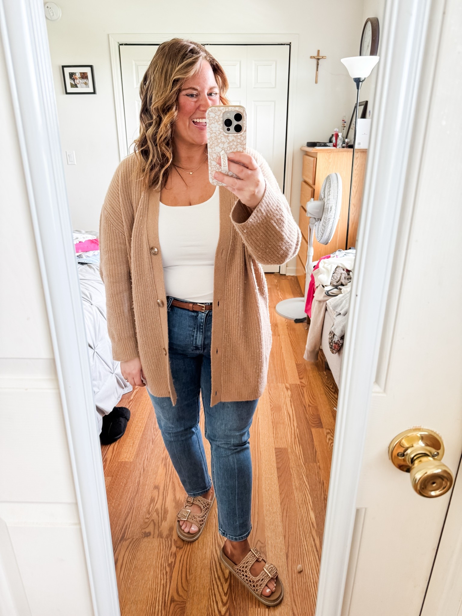 I love the browns in this outfit! My crochet sandals are a favorite I’ll be wearing all summer.  Large in the Quince cardigan and Old Navy tank and a 32 w 26 inseam in the jeans  

#LTKMidsize #LTKPetite #LTKFindsUnder50