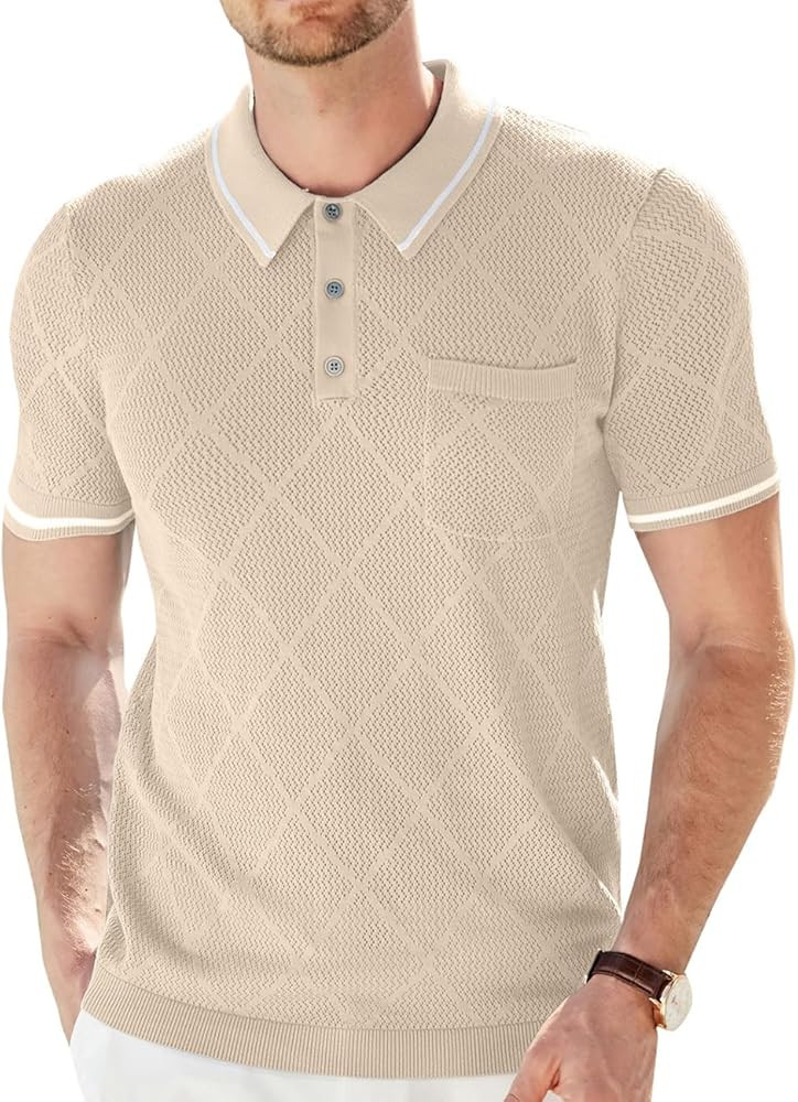 GRACE KARIN Men Hollowed-out Sweater Short Sleeve Lapel Collar Button-up Knitwear | Amazon (US)