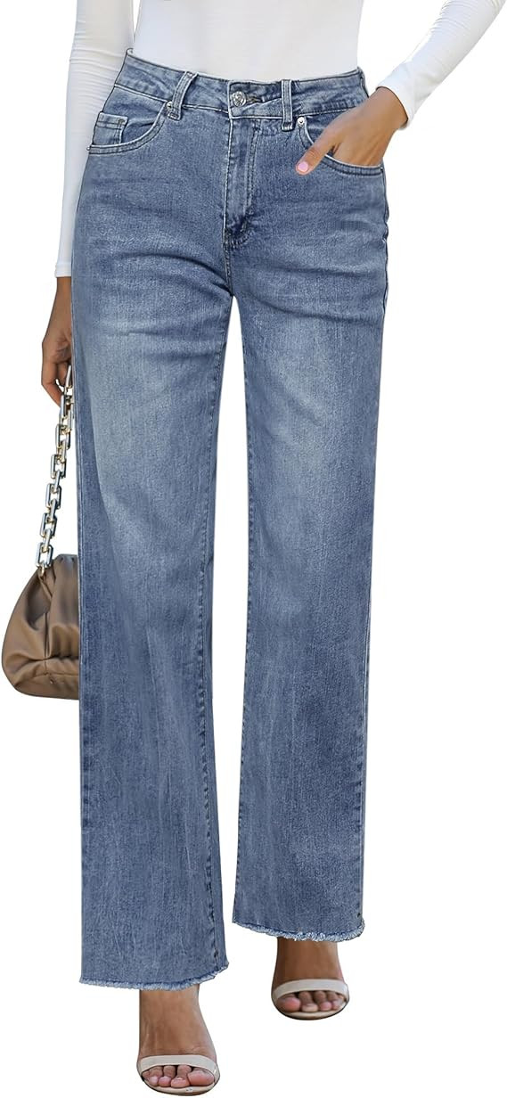 GRAPENT Straight Leg Jeans for Women High Waisted Stretchy Frayed Raw Hem Loose Denim Pants Casua... | Amazon (US)