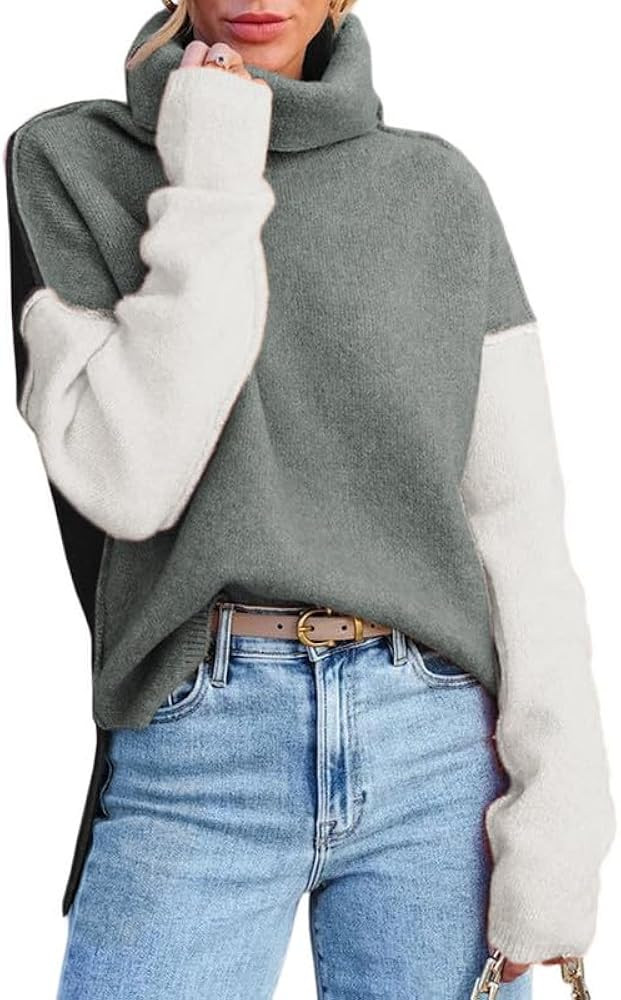 Dokotoo Womens Turtleneck Sweaters Casual Long Sleeve Color Block Side Slit Pullover Knit Jumper Top | Amazon (US)