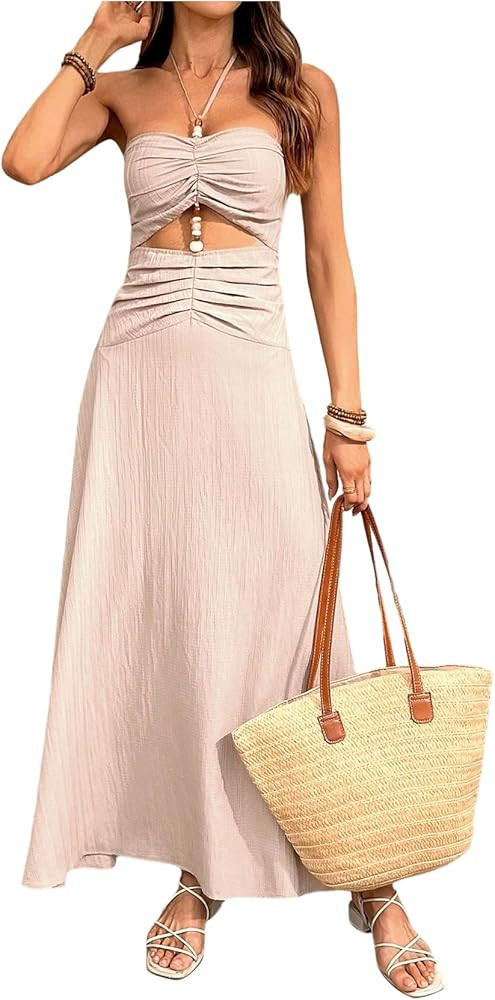 SOLY HUX Women's Halter Maxi Dress Summer Ruched Cut Out Beaded Flowy Dresses Beach Vacation Clot... | Amazon (US)