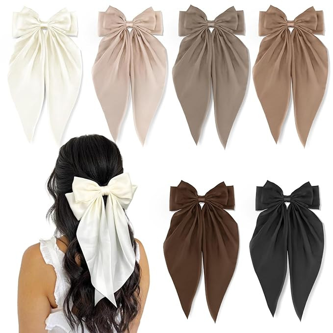 6 Pcs Silky Satin Big Hair Bows Ribbon Hair Barrettes Clip, Large Bow Hair Slides Metal Clips Fre... | Amazon (US)