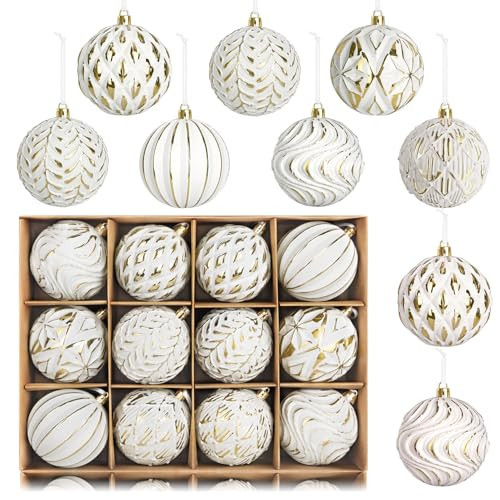 Vintage Rustic Christmas Ball Ornaments Set, 12 Pcs 3.15" White Gold Christmas Tree Decorations Large Shatterproof Neutral Traditional Antique Farmhouse Luxury Xmas Ornaments Indoor Holiday Home Decor | Amazon (US)