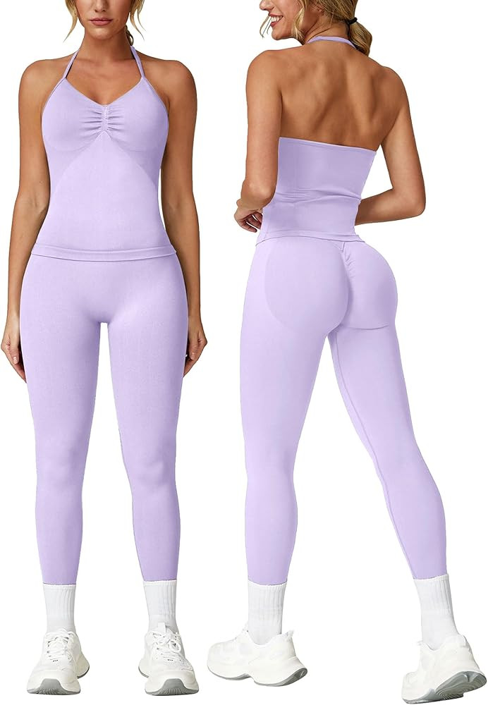 ABOCIW Workout Sets for Women Seamless Scunch Butt Lifting Impact Leggings Longline Strappy Top 2... | Amazon (US)
