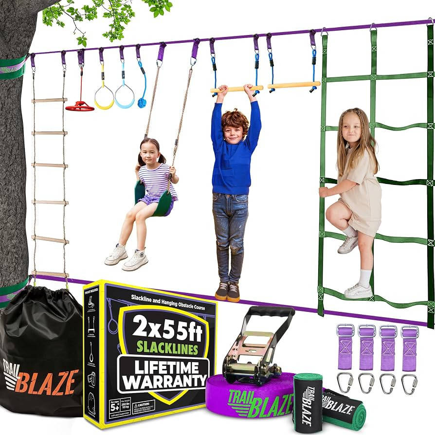 Ninja Warrior Obstacle Course for Kids - 2 x 55ft Slackline Double the Fun Exciting Obstacles Car... | Amazon (US)